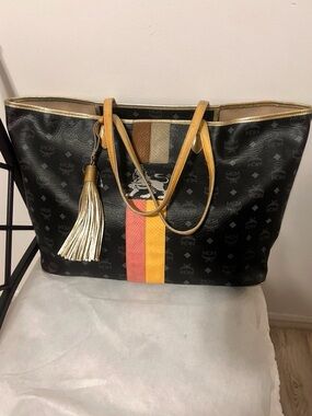 MCM Black Coated Canvas Tote with Coral and Yellow Center Stripes